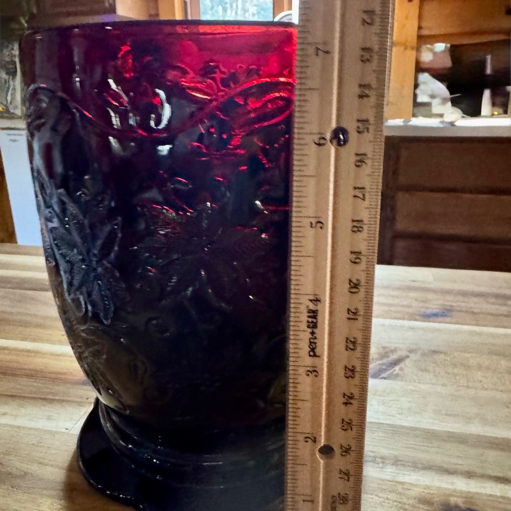 Princess House Fantasia Deep Ruby Red Glass Large Candle Holder Poinsettia Print